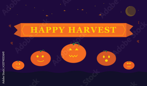 Happy Harvest Halloween Jack-o-Lantern Pumpkin Stack Banner with Smiling Pumpkins — Festive Fall Vector Illustration
