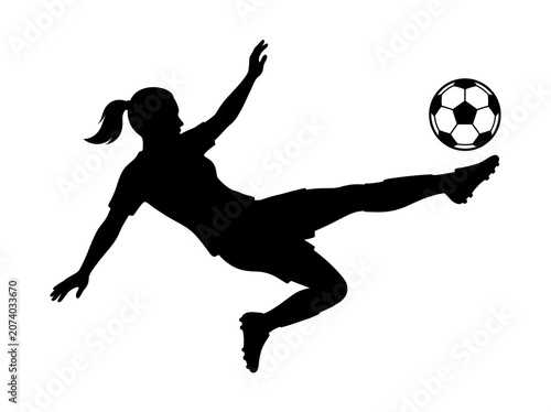women football player performing overhead bicycle kick with soccer ball black vector silhouette isolated on white background for sports icons football branding and athletic graphics