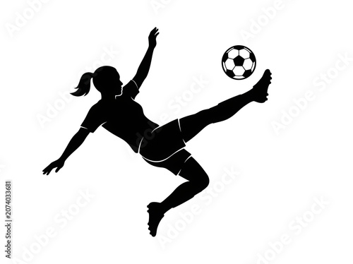 female football player performing bicycle kick with soccer ball black silhouette vector isolated on white background for sports branding logos and football tournament graphics