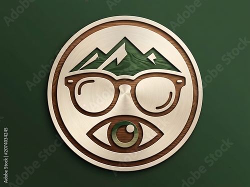 A circular wooden layered wall art piece featuring mountains glasses and an eye design.