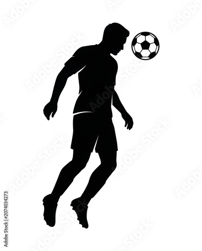black football player jumping for header with soccer ball silhouette vector isolated on white background for sports logo and branding design
