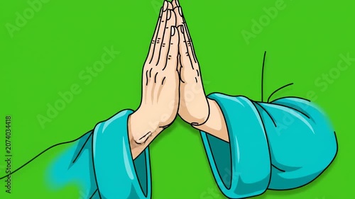 A cartoon illustration of two hands clasped together in prayer against a solid green background