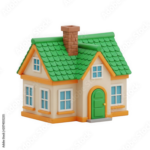 Small beige house with green roof and door