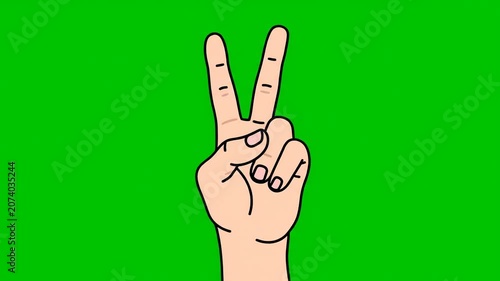 A cartoon hand making a peace sign against a green background