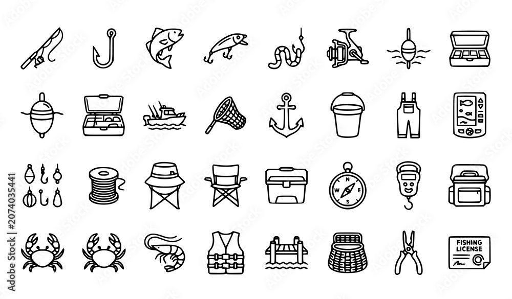 Fototapeta premium Fishing and boating linear icons set black and white vector illustration
