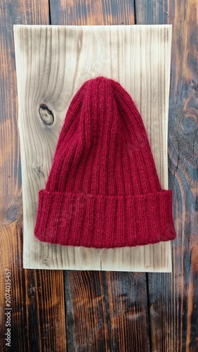 Red ribbed knit beanie hat on a wooden plank. Handmade winter accessory on rustic background. Vertical flat lay