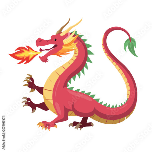 Red dragon breathing fire, flat vector illustration