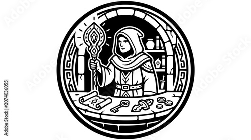 Foto Fantasy Wizard Alchemist Holding Staff in Workshop with Potion Bottles and Scrol