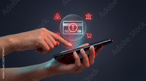 Smartphone security alert payment online shopping fraud warning digital transaction mobile phone hand finger touch cyber risk internet