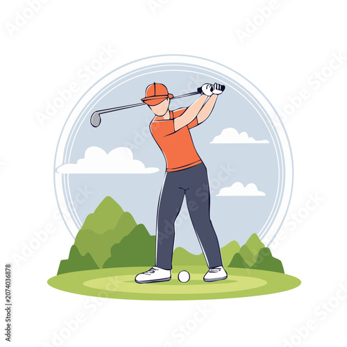 Flat illustration of golfer swinging club on green