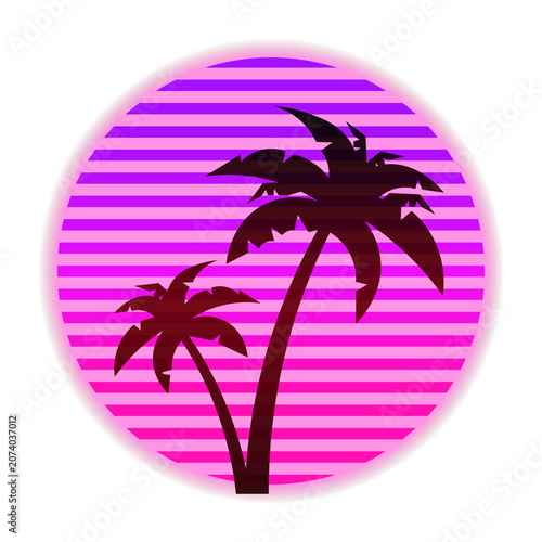 Retro Palm Trees with Neon Striped Sunset – 1980s Synthwave Vector Illustration