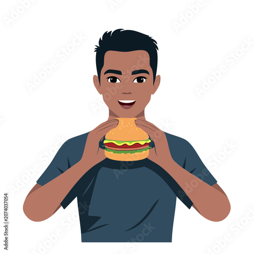 Man Eating Hamburger Flat Vector Illustration