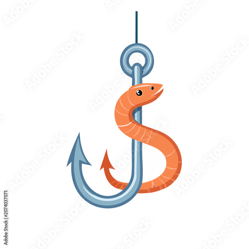 Orange snake wrapped around a fishing hook vector illustration