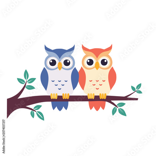 Two cartoon owls perched on a branch with leaves