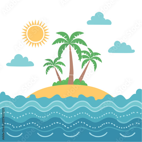 Tropical island with palm trees and ocean waves