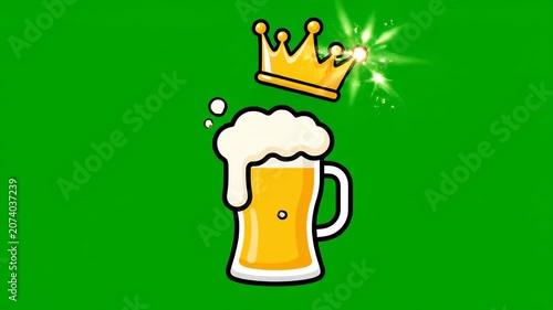 A cartoon illustration of a golden beer mug with a crown on top, filled with foamy beer, set against a green background