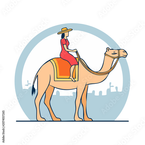 Woman riding a camel in desert illustration