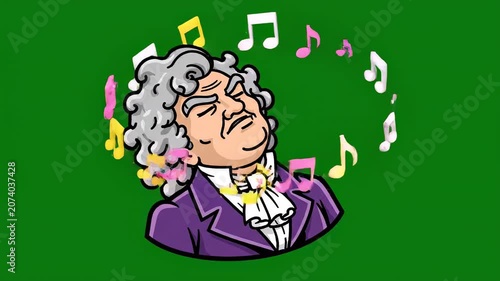A cartoon illustration of a gray-haired man in a purple jacket singing amidst colorful musical notes on a green background
