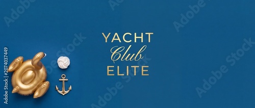 Yacht club luxury marine banner featuring golden anchor, inflatable swan pool float, white rope knot, gold text on classic blue background, premium summer resort vacation cruise sailing concept.