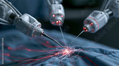 futuristic medical robot arm performing precision minimally invasive surgery procedure on patient in bright modern hospital operating room