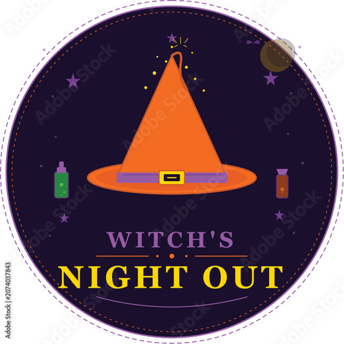 Witch's Night Out Halloween Badge with Hat Potion Bottles and Magical Stars — Purple Orange Vector Illustration
