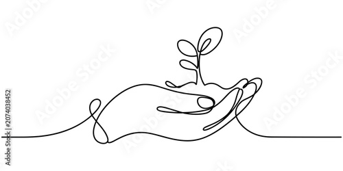 Photos Single line of a hand holding a sprouting plant seedling 
continuous one line dr