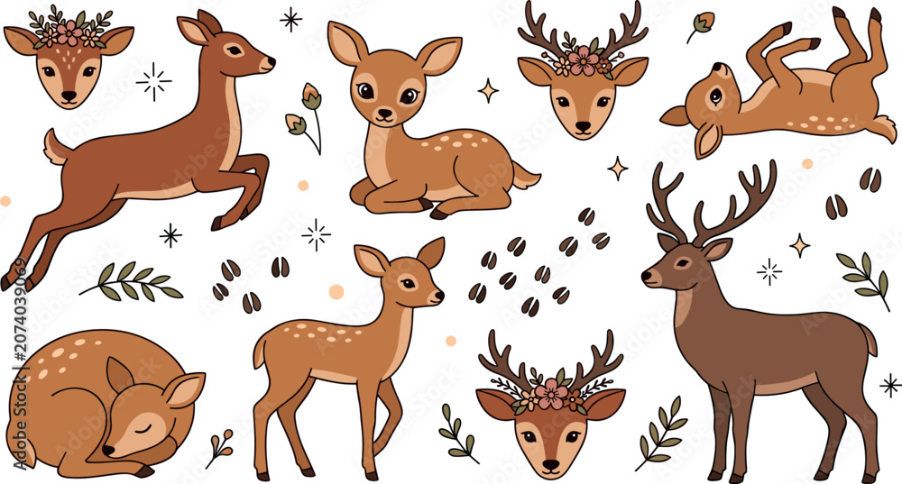 Obraz premium Cute Woodland Deer and Fawn Vector Illustration Set Featuring Stag, Sleeping, Jumping, and Floral Antler Elements for Nursery Designs