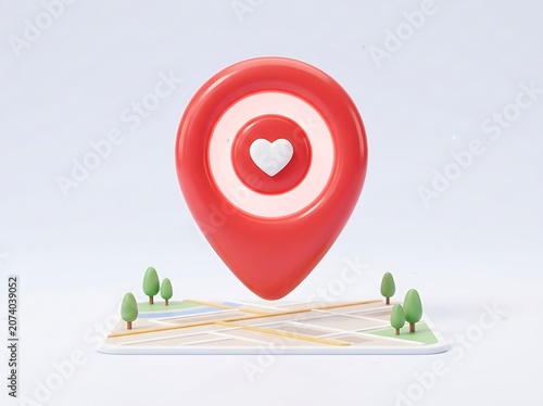 3D render of a red location pin with a heart symbol on a map.