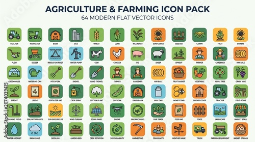 Agriculture icons, farming symbols, 64 flat vector graphics, modern design elements