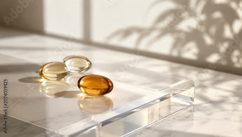 Close-up of three translucent gel capsules in warm sunlight on a clear acrylic surface with soft shadows