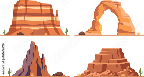 Fotografie Desert Rock Formations and Canyon Butte Vector Set with Sandstone Arch, Mountain