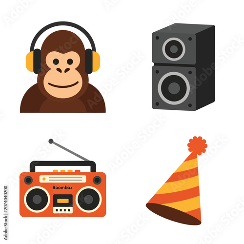 Monkey with headphones, stereo speaker, boombox, and party hat.