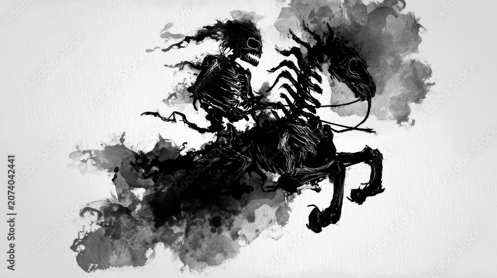 Fototapeta premium Abstract illustration of a skeletal figure riding a dark horse against white backdrop