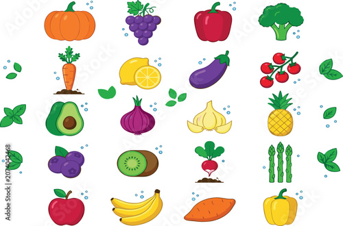 Fresh Fruits and Vegetables Vector Icon Set Featuring Healthy Organic Food Items Like Pumpkin, Carrot, Avocado, Broccoli, and Banana for Grocery Designs