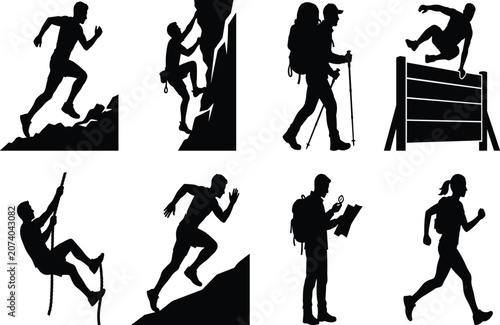 Outdoor adventure and extreme sports silhouette icon set including hiking trail running rock climbing and obstacle racing