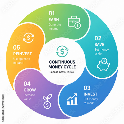 A diagram illustrates a continuous money cycle involving earning, saving, investing, growing, and reinvesting for wealth accumulation.