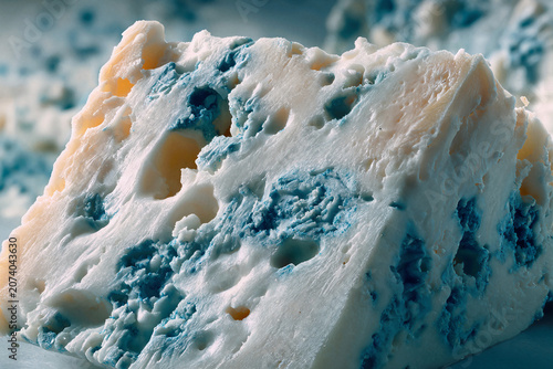 Close-up macro shot of a wedge of blue cheese with visible mold veins
