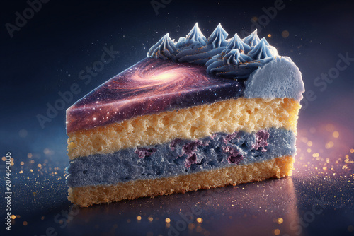 Slice of cake with galaxy icing and cosmic swirls, a celestial dessert