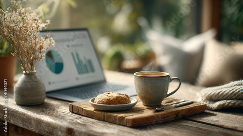Cozy morning work session with coffee, cookie, and laptop displaying charts