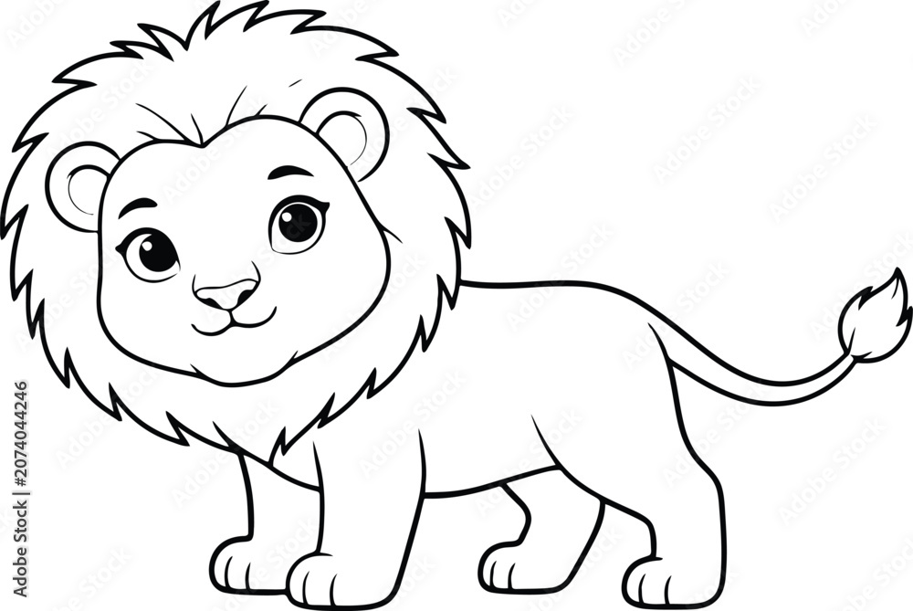 Obraz premium Adorable cartoon lion cub drawing with a fluffy mane and big eyes on a white background for childrens illustrations