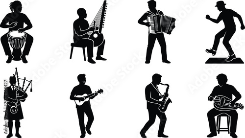 Bild auf Leinwand Traditional folk musicians silhouette icon set including djembe drum kora accord