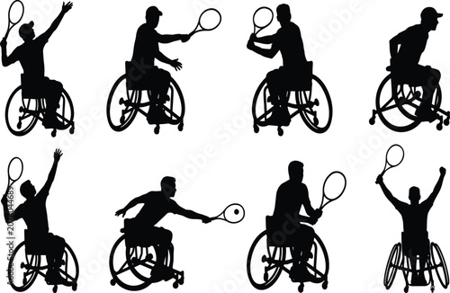 Wheelchair tennis players silhouette vector icon set featuring disabled athletes serving hitting and celebrating victory