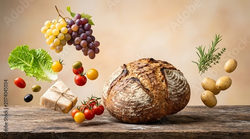 Artisanal bread with fresh vegetables and cheese on wooden table