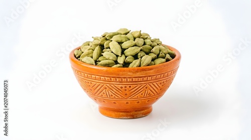 Cardamom pods in a decorative orange ceramic bowl