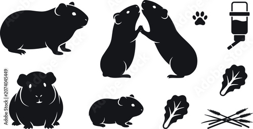 Photos Guinea Pig Silhouette Vector Set with Pet Care Accessories Lettuce and Hay Eleme