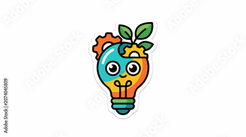 A colorful cartoon lightbulb with a green plant growing out of it