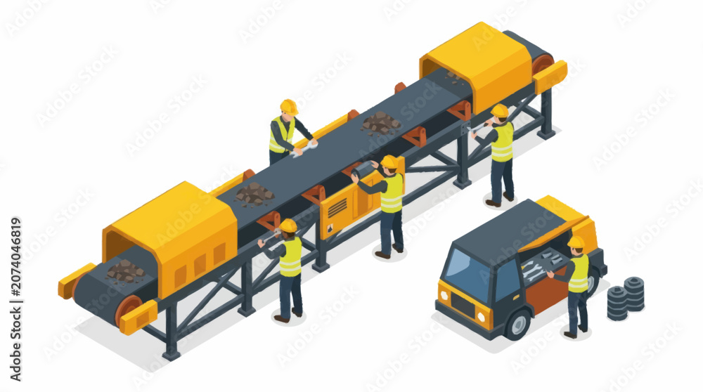 Obraz premium Industrial conveyor belt system with workers and truck.