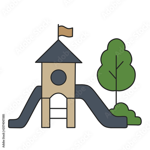 Kids playground slide with tower flag and tree outdoor play equipment