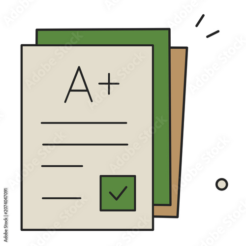 Stack of exam paper with A plus grade and check mark school test success