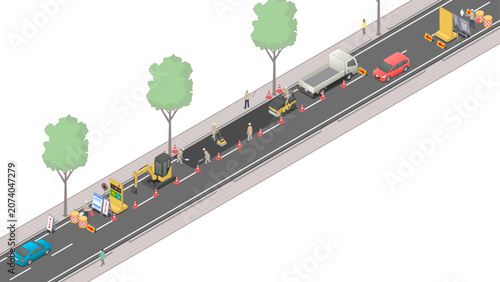 Obraz na plátně アイソメトリック図法で描いた工事による片側交互通行の道路のイメージ / Road with alternating one-way traffic due to road work
